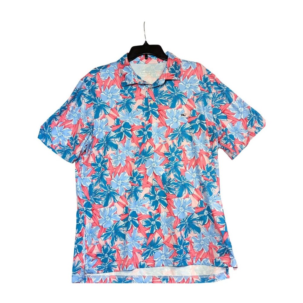 Vineyard Vines Mens On-The-Go Sankaty Polo Hawaiian L Pink & Blue Shirt